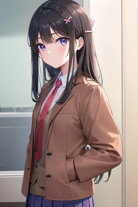 anime girl in brown jacket and purple skirt standing in front of a mirror