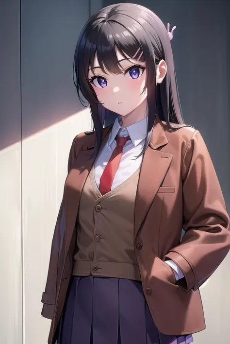 anime girl in a brown suit and red tie standing in front of a wall