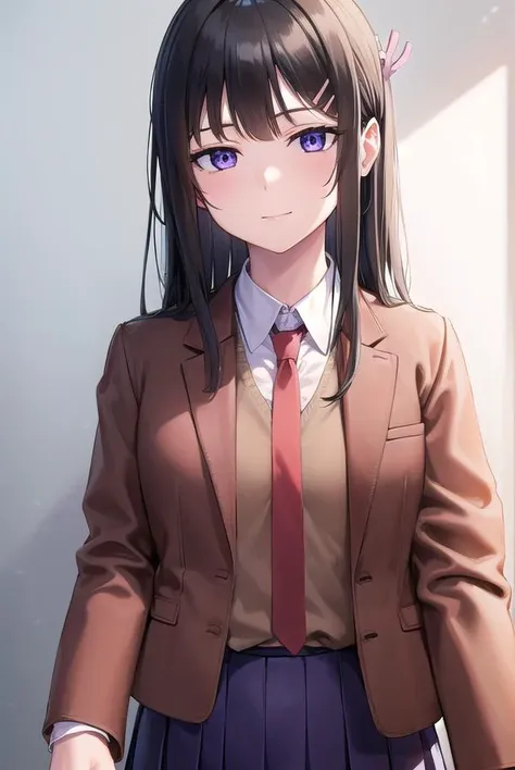 anime girl in a brown jacket and red tie standing in front of a wall