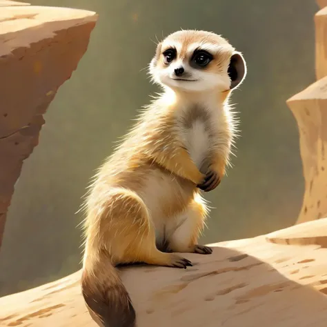 there is a small meerkat sitting on a rock in the desert