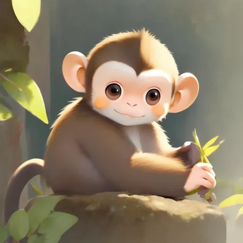 a close up of a monkey sitting on a rock with a plant