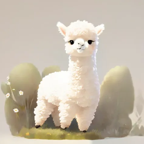 there is a white llama standing in the grass with trees