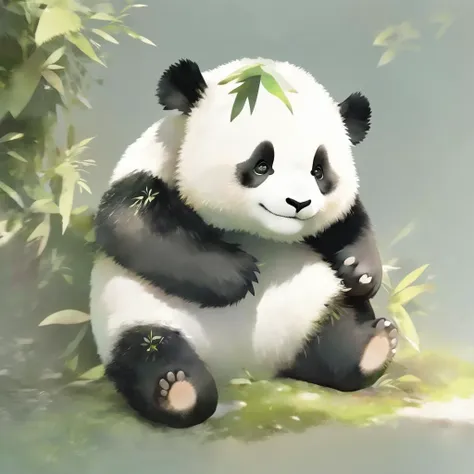 panda bear sitting on the ground with a bamboo leaf in its mouth