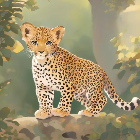 painting of a leopard standing on a rock in the woods