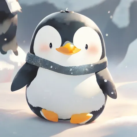 penguin with scarf and hat standing in snow with penguins in background