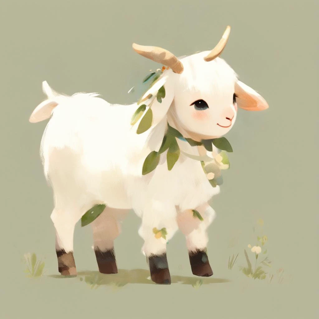 there is a white goat with a green leaf on its neck