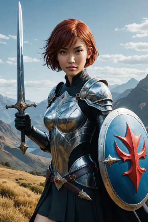 a woman in armor holding a sword and shield in a field