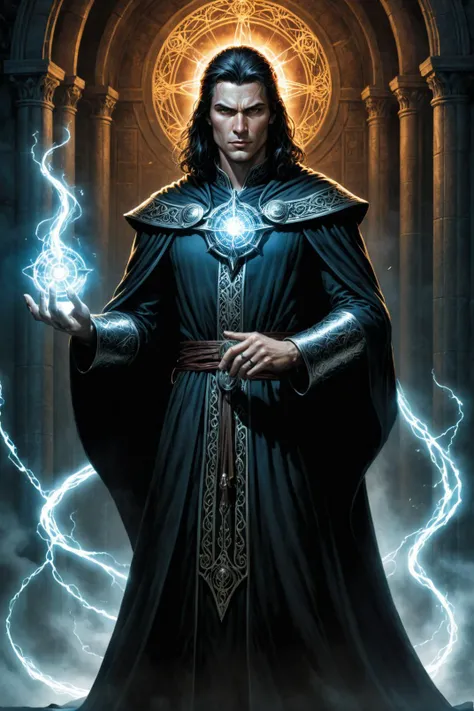 a man in a black robe holding a lightning ball