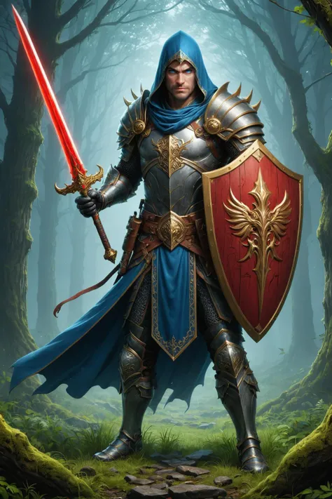 a man in armor holding a sword and shield in a forest