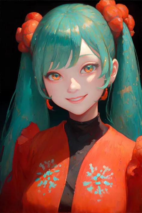 <lora:thickoilpaint:1.5>, oil painting, 1girl, turquoise low twintails, coral eyes, smile expression || <lora:thickoilpaint:0.5>, oil painting, masterpiece, 8k, high resolution, shallow depth of field, sharp focus