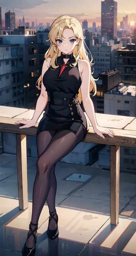 1girl, solo(blue eyes|red eyes:0.8), long hair, breasts, black shirt, pantyhose, sleeveless, black skirt, sleeveless shirt, heterochromia, blonde hair, <lora:LaurielDB:0.6>, expressionless, cityscape, sitting, sunset, <lora:RAL:0.5>,