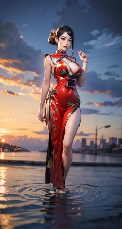 masterpiece,ultra highres,ultra detailed,best quality,
1girl,leggy,qipao,full body,clothing cutout,<lyco:LianShi:0.6>,large breasts,wading,