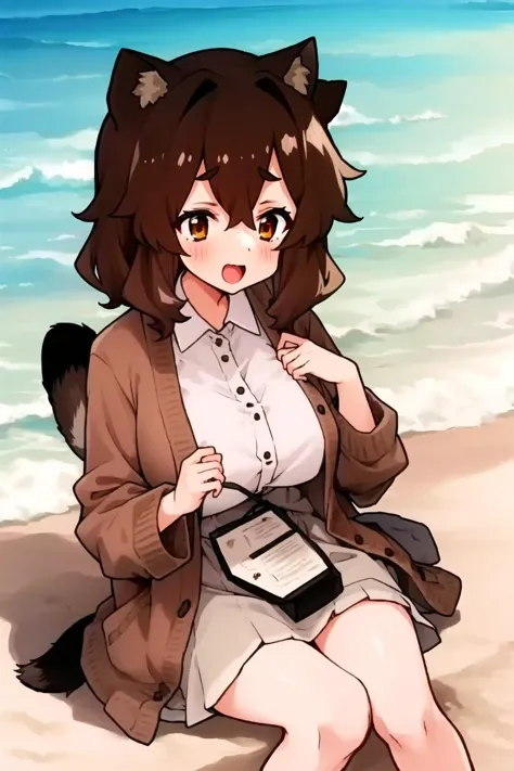 1girl, fukuda, raccoon tail, brown hair, animal ears, brown eyes, brown cardigan, beach, <lyco:GoodHands-beta2:1>