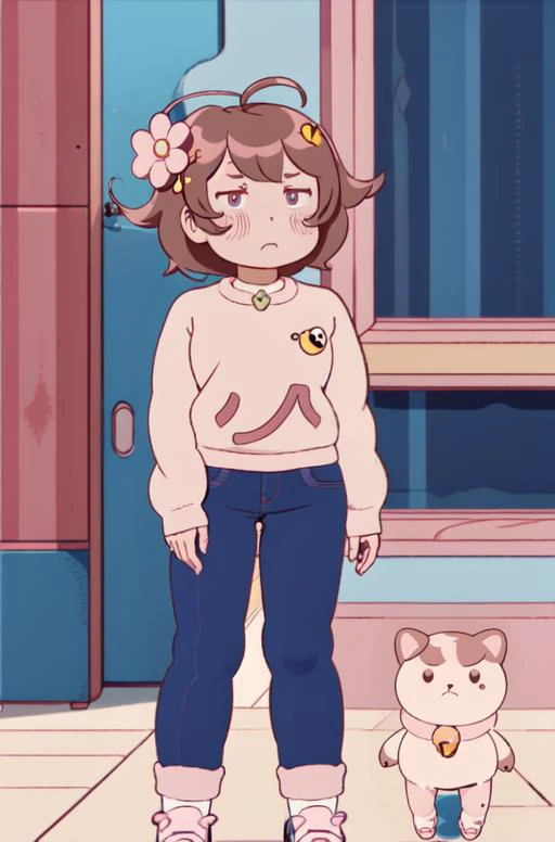 Bee and Puppycat Style, 1girl, solo, mature, blush, brown hair, hair ornament, pink jeans, taller,  yellow puffy sweater, full body, flower, ahoge, shoes, socks, hair flower, pink eyes, star (symbol), border, <lora:Bee_n_Puppycat:0.8>,  <lora:handdraw:0.4>...