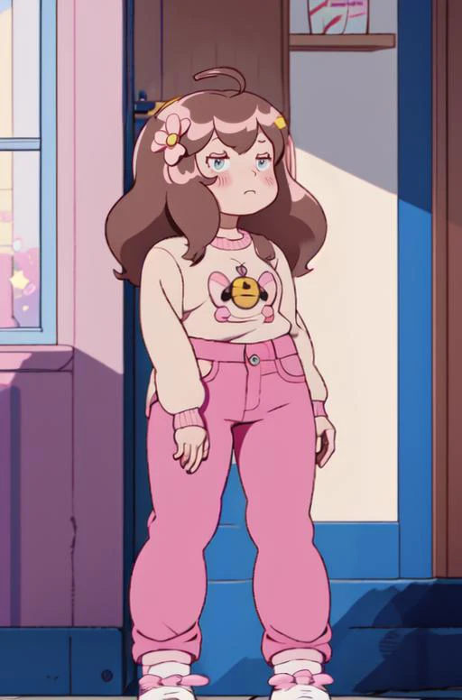 Bee and Puppycat Style, 1girl, solo, mature, blush, long puffy brown hair, hair ornament, pink jeans, taller,  yellow puffy sweater, full body, flower, ahoge, shoes, socks, hair flower, pink eyes, star (symbol), border, <lora:Bee_n_Puppycat:0.8>,  <lora:ha...