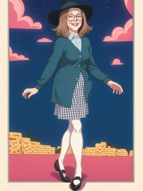 Diane Keaton,  gingham dress, cardigan, and ballet flats , A place that was once inhabited by beings from another world
( thepit style  cartoon comic art),