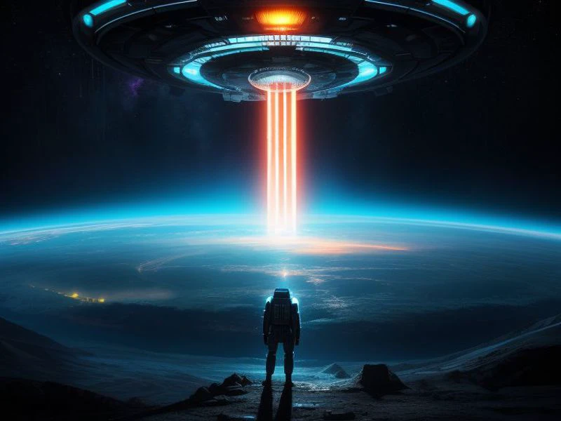 a man standing in front of a spaceship flying over a planet