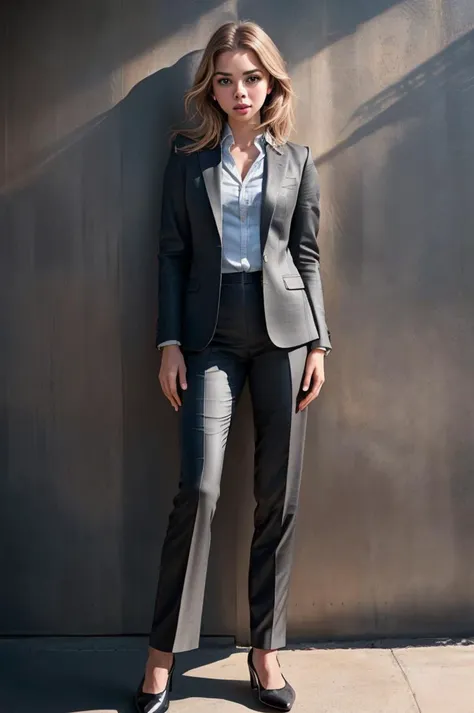 a woman in a suit standing against a wall with her hands in her pockets