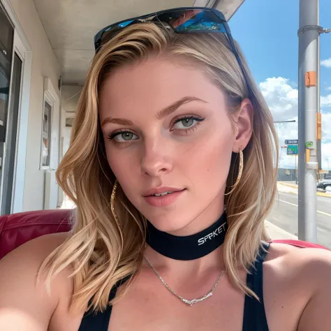 a close up of a woman wearing a choker and sunglasses