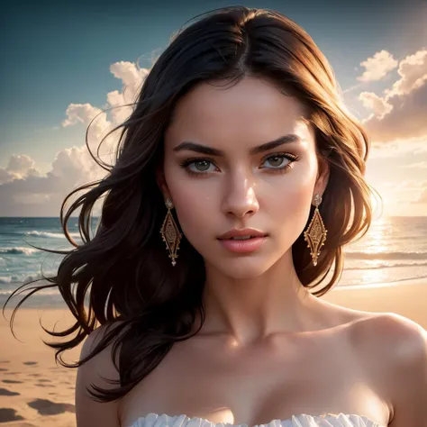 a close up of a woman on a beach with a sky background