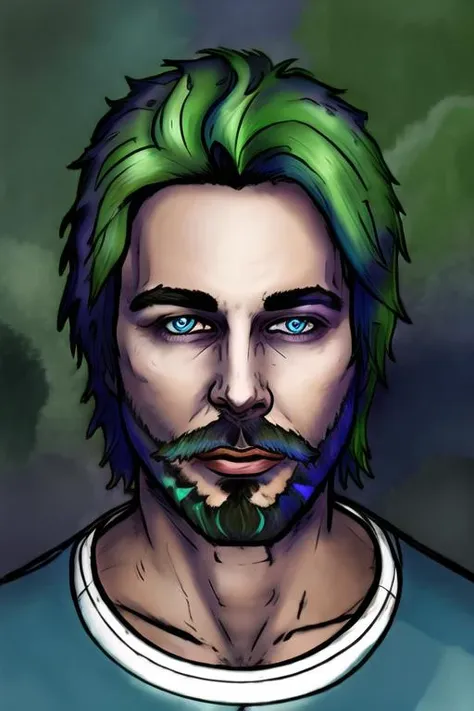 a drawing of a man with green hair and a beard