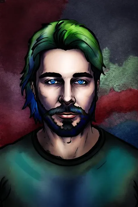 a painting of a man with green hair and a beard