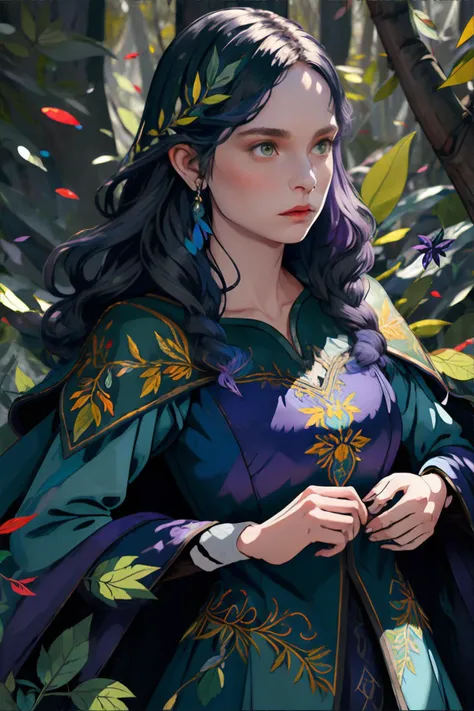 <lora:flatpaintstyle:0.8>, flat, woman wearing Enchanted forest-themed capes with embroidered foliage, (blue, violet, yellow palette), masterpiece, 8k, high resolution, shallow depth of field, sharp focus