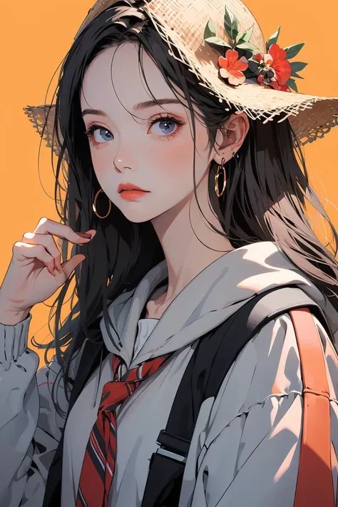 anime girl with long hair wearing a straw hat and a red tie