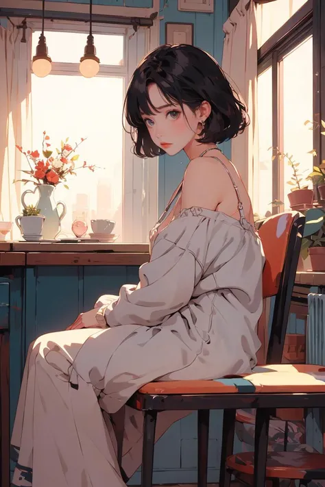 anime girl sitting on a chair in a kitchen with a window