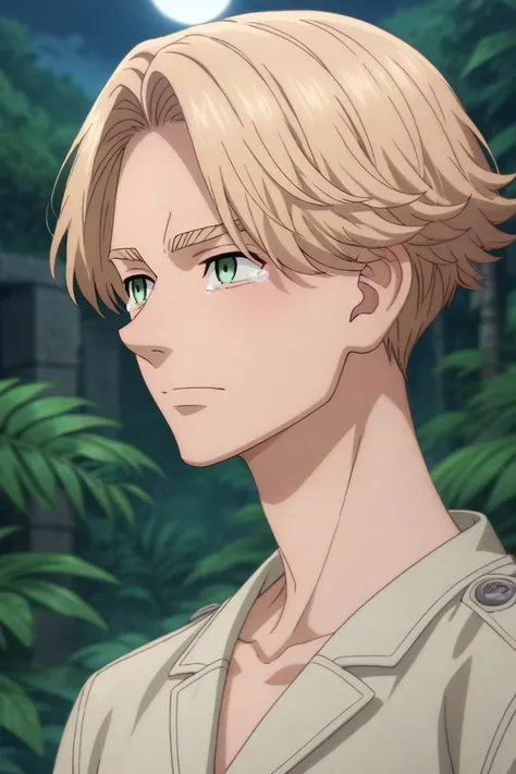 a man with blonde hair and green eyes looks off to the side