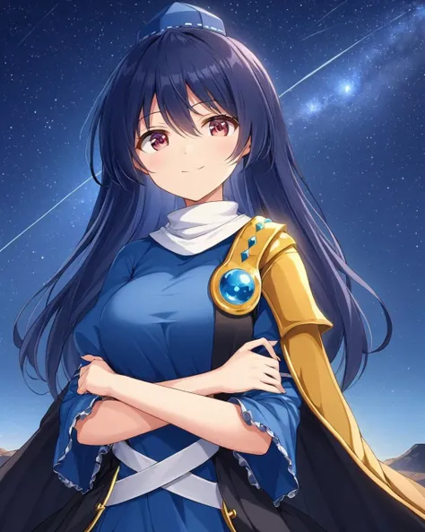 iizunamaru megumu,1girl, solo, crossed_arms, tokin_hat, blue_dress, breasts, blue_headwear, ribbon_trim, frilled_dress, gem, smile, sleeveless_coat, signature, looking_at_viewer, long_sleeves, star_(sky), starry_sky, shoulder_armor
<lora:iizunamaru_megumu_...