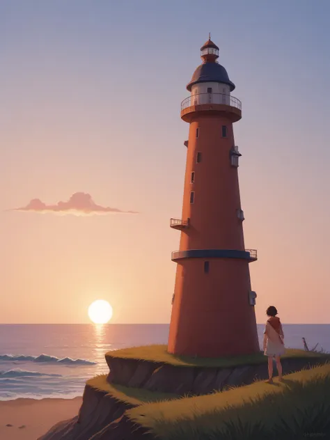 arafed image of a woman standing on a cliff looking at a lighthouse