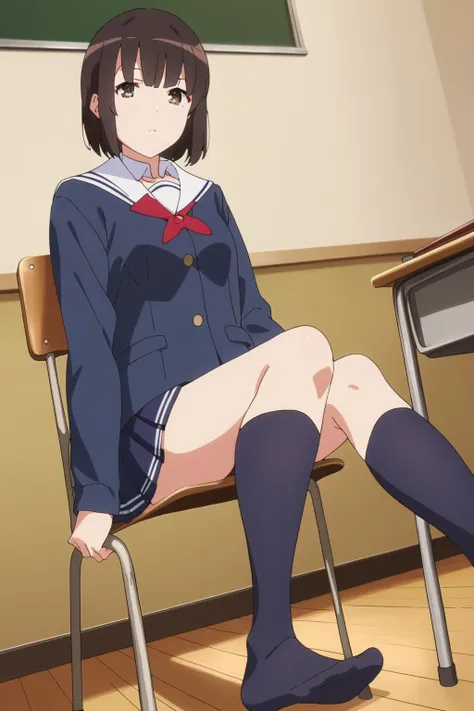 anime girl sitting on a chair in a classroom with a chalkboard