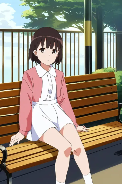 anime girl sitting on a bench in a park with a backpack