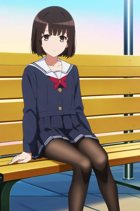 anime girl sitting on a bench in a school uniform