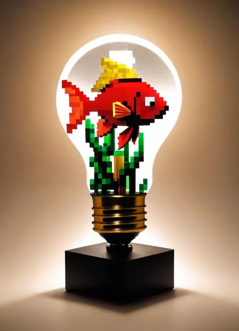 Minecraft style (Ultrarealistic:1.3) a light bulb with a fish inside of it, lamp (((fish tank)))), by derek zabrocki, lightbulb, creative photo manipulation, detailed conceptual photography, by Mario Dubsky, thought provoking, photo - manipulation, by Adam...