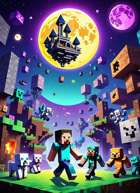 a group of minecraft characters walking through a field with a full moon in the background