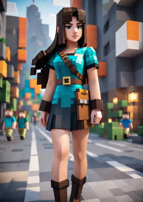 Minecraft style (Ultrarealistic:1.3) <lora:Minecraft FF LoCON 02:1> Minecraft world style a woman is standing on a city street, 1girl, solo, realistic, long hair, brown hair, lips, brown eyes, blurry, dress, blurry background, black hair,(Desaturated:1.3),...