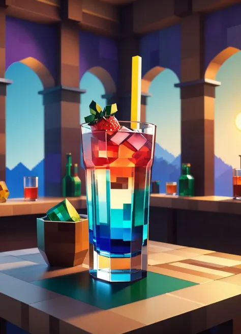 Minecraft style (Ultrarealistic:1.3) a glass filled with liquid sitting on top of a table, made of drink, beeple and alphonse mucha, beeple and james jean, beeple. hyperrealism, full of glass. cgsociety, stunning digital illustration, colorful coctail, ins...