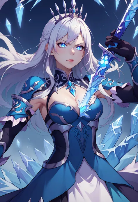 score_9, score_8_up, score_7_up, score_6_up, BREAK edgShiva,human scabbard, holding,holding weapon, holding sword,cleavage,ice,white hair,crown of ice,dress,armor blue eyes, gloves,glowing eyes <lora:BoobaSword:1> <lora:edgShivaPony:0.75>