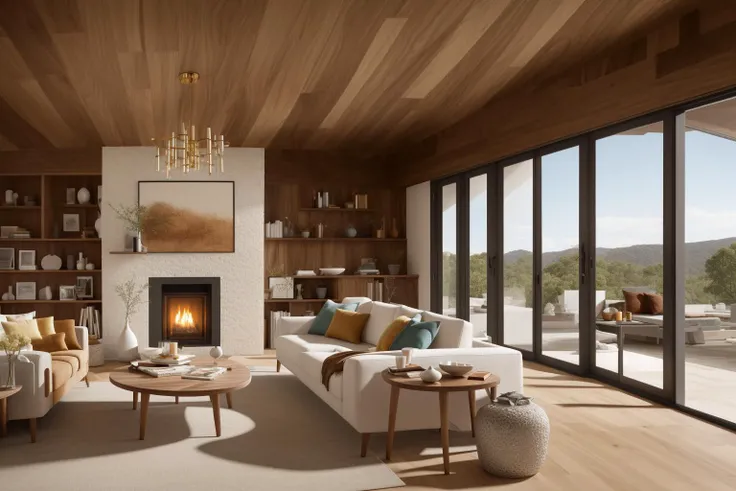 Within a digital illustration that captures the essence of timeless elegance, the interior of a space designed by renowned architects unfolds. The room features the exquisite craftsmanship of walnut wood, celebrated for its rich tones and intricate grain. ...