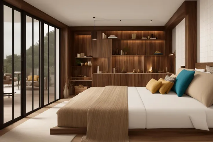 a close up of a bed in a bedroom with a wooden wall