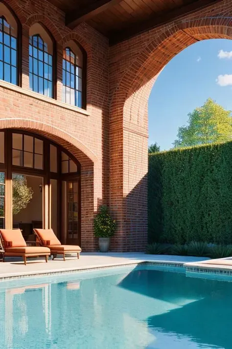 masterpiece, brick, interior pool, pleasant sunlight, perfect European style architecture, tranquil, pleasant, Unreal Engine, CGI render, Hyperdetailed, vivid colors, sunlight,