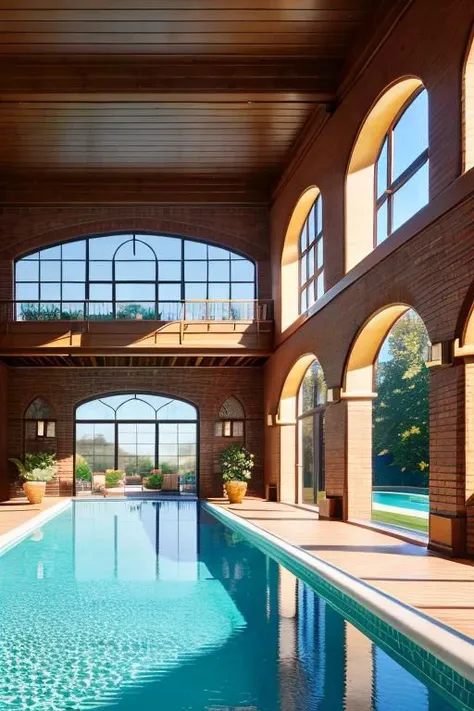 masterpiece, brick, interior, indoor pool, pleasant sunlight, perfect European style architecture, tranquil, pleasant, Unreal Engine, CGI render, Hyperdetailed, vivid colors, sunlight,