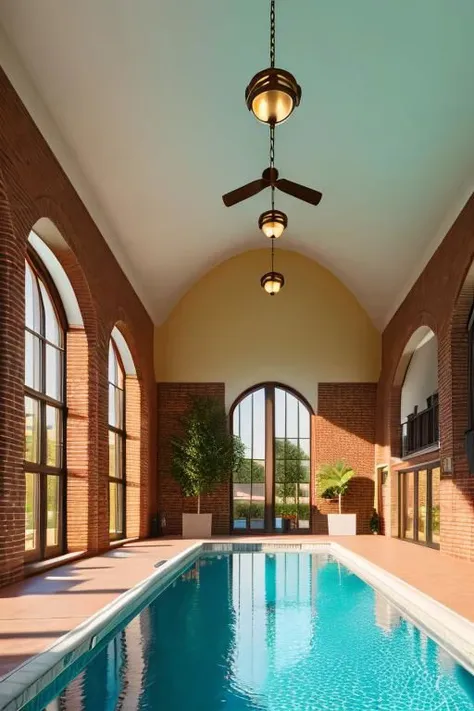 masterpiece, brick, interior, indoor pool, pleasant sunlight, perfect European style architecture, tranquil, pleasant, Unreal Engine, CGI render, Hyperdetailed, vivid colors, sunlight,