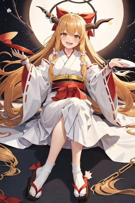 best quality, masterpiece, highres, solo, {white kimono:1.35}, {red hakama:1.35}, {wide sleeves:1.20}, {ibuki_suika_touhou:1.15}, horns, bow, long_hair, hair_bow, ribbon, horn_ornament, sleeveless, horn_ribbon, smile, orange_hair, red_bow, chain, wrist_cuf...