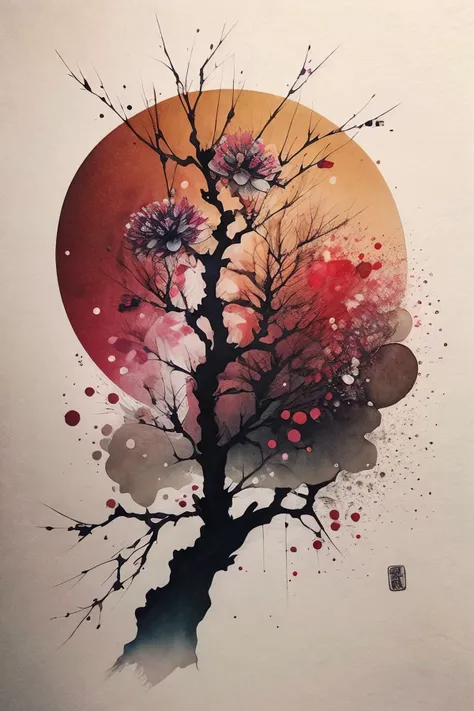 a painting of a tree with a sun in the background