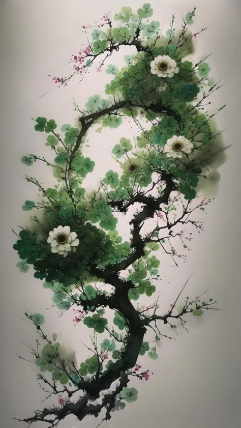 a painting of a tree with flowers and branches on a white background