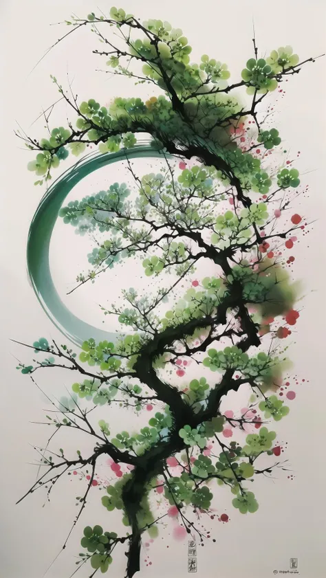 a painting of a tree with a circular frame in the middle