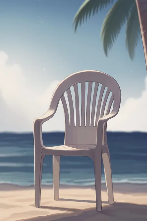 there is a white plastic chair sitting on the beach near the ocean